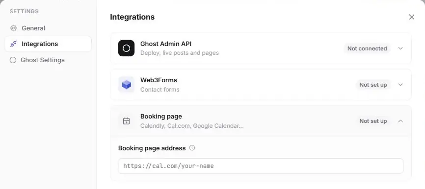 Ectobuilder Settings, Integrations, Booking page address field