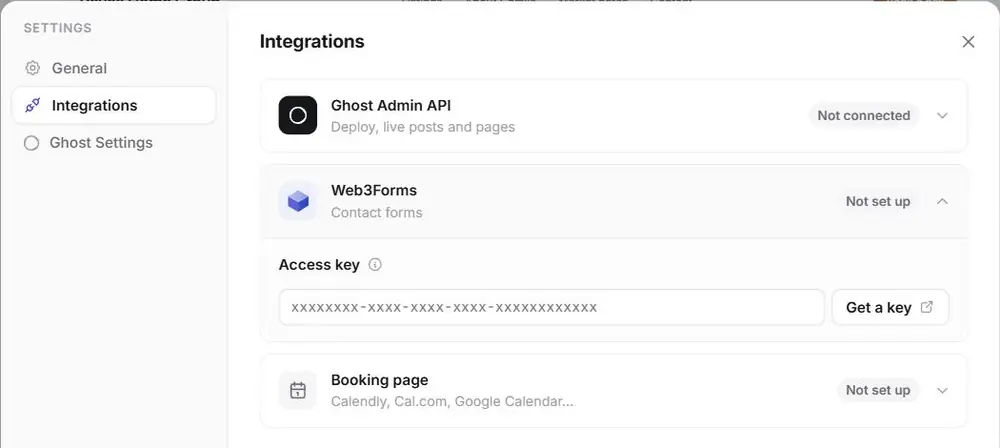 Ectobuilder Settings, Integrations tab, with the Web3Forms access key field open