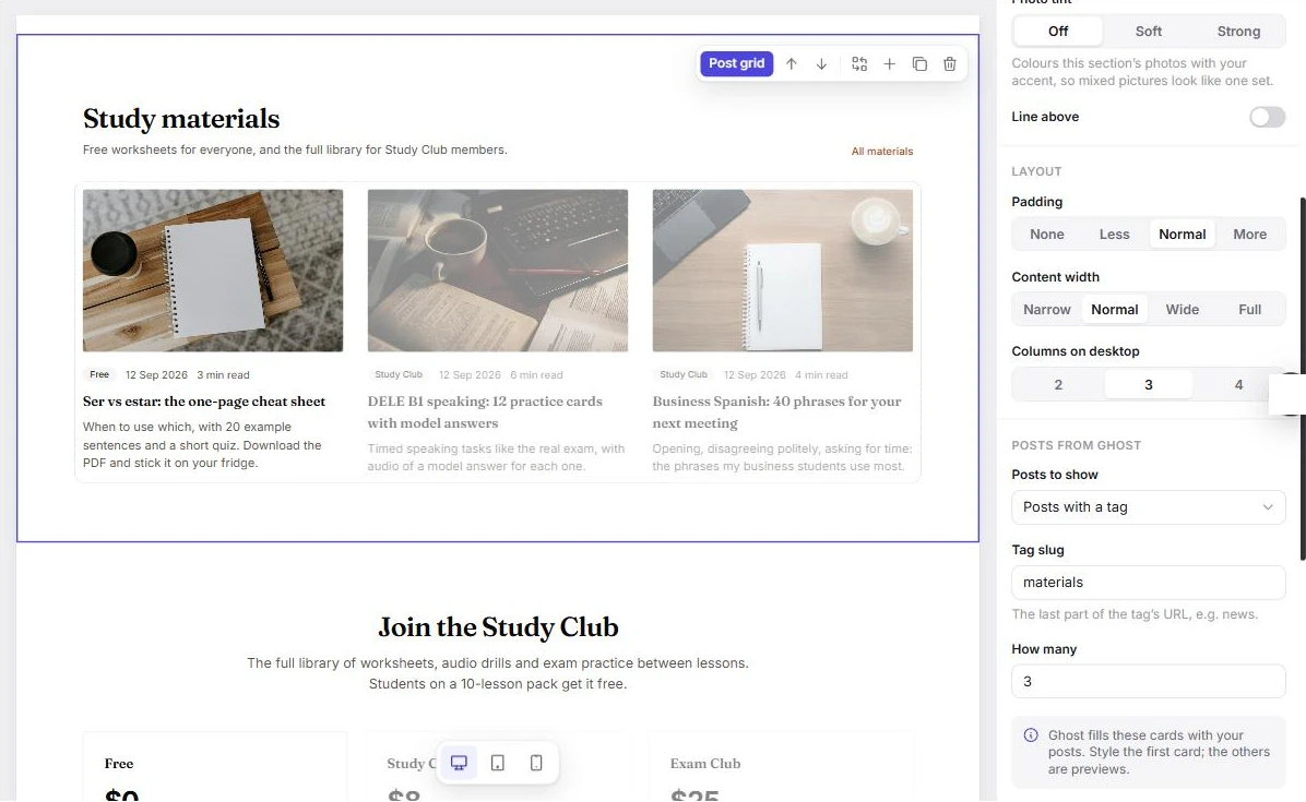 The Study materials section selected in Ectobuilder with Posts from Ghost set to Posts with a tag, tag slug materials, how many 3