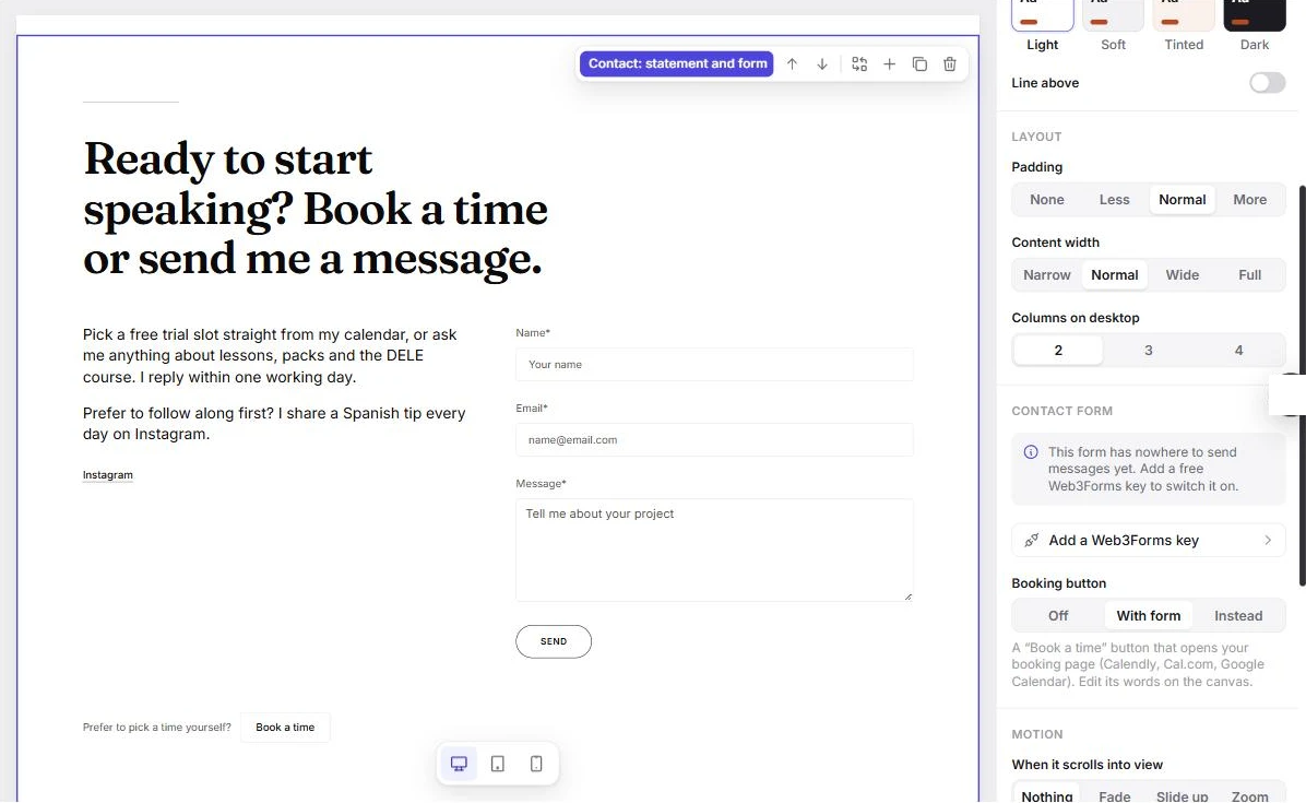 The contact section in Ectobuilder with the Contact form settings and the Booking button set to With form