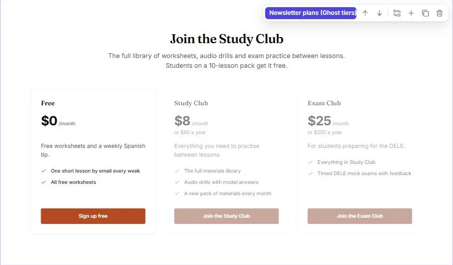 The Join the Study Club section in the Ectobuilder editor with Free, Study Club and Exam Club cards