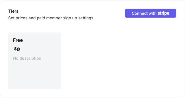 Ghost Admin Settings, Tiers, with a Connect with Stripe button and the Free tier