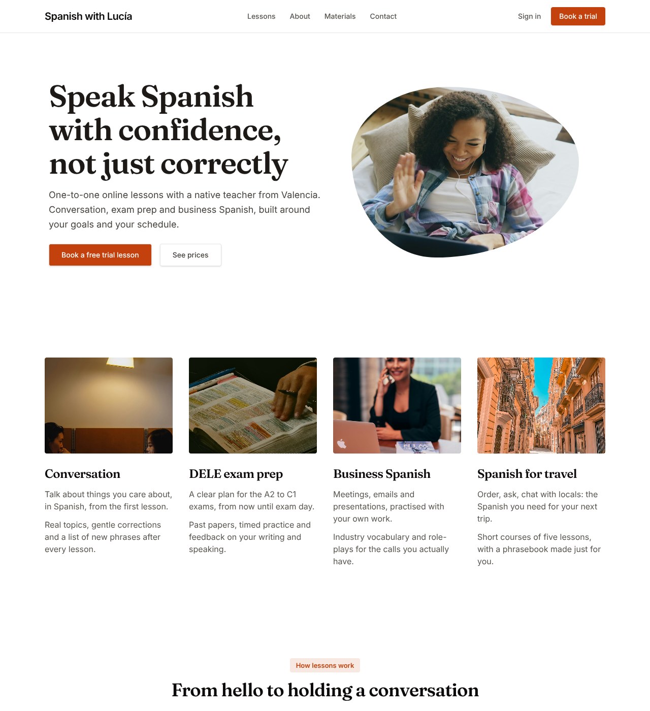 The Language Tutor theme homepage: a hero with a student waving at an online lesson, and buttons to book a trial lesson or see prices